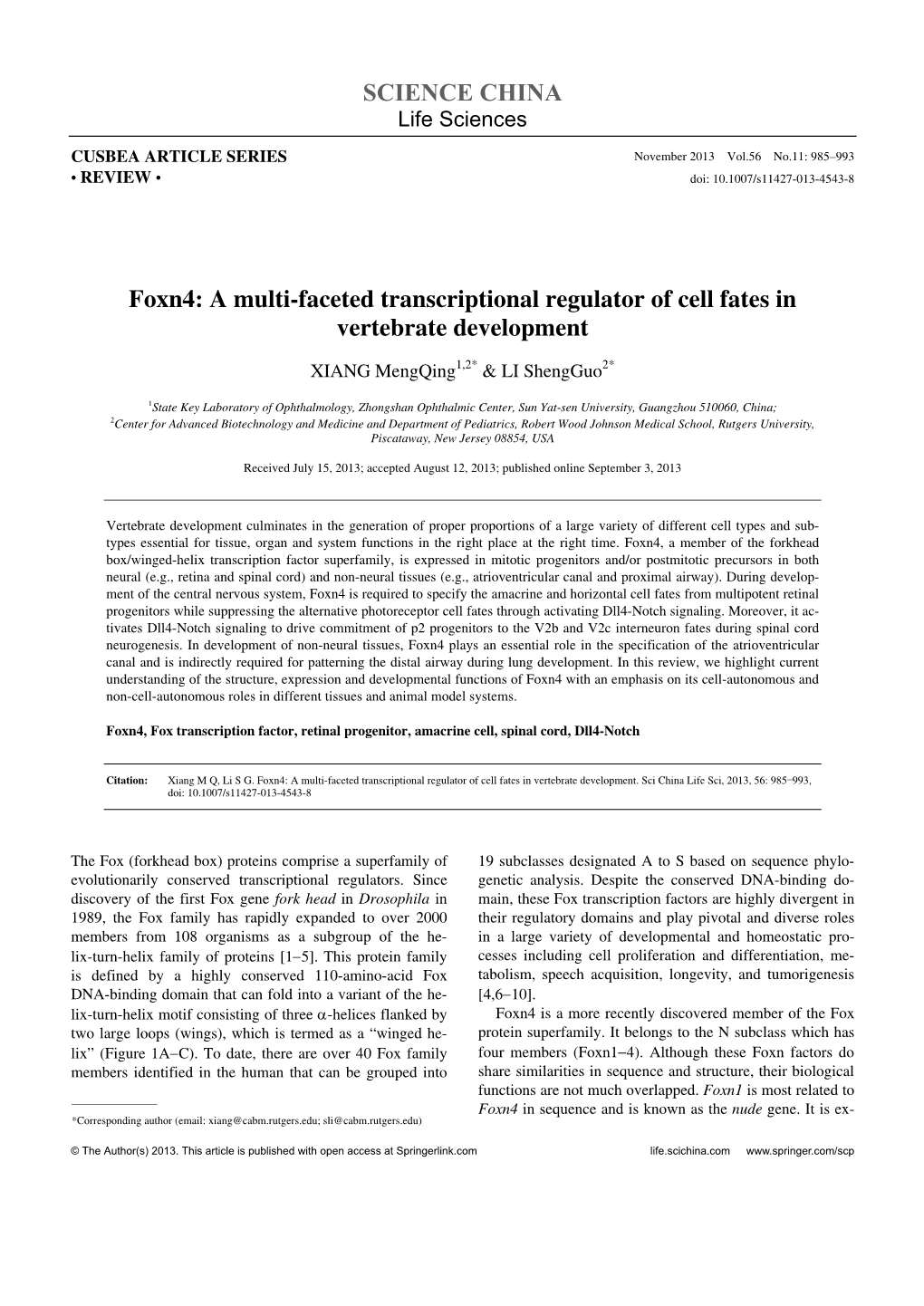 Foxn4: a Multi-Faceted Transcriptional Regulator of Cell Fates in Vertebrate Development