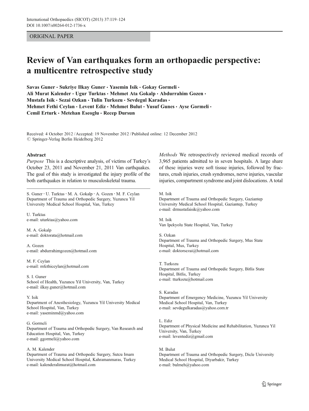 Review of Van Earthquakes Form an Orthopaedic Perspective: a Multicentre Retrospective Study