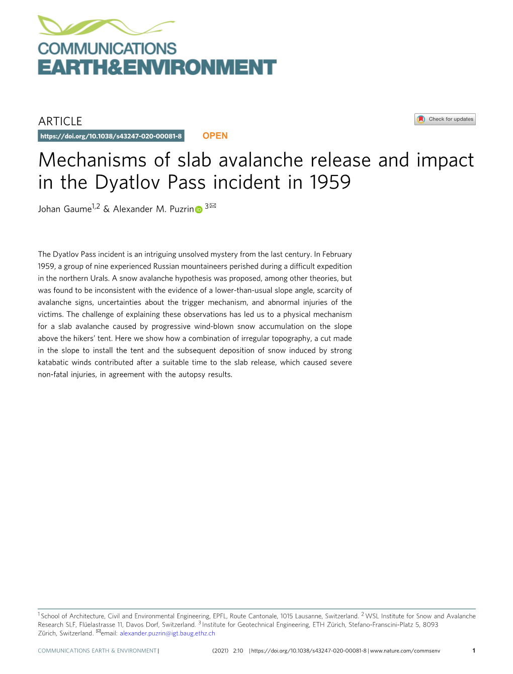 Mechanisms of Slab Avalanche Release and Impact in the Dyatlov Pass Incident in 1959 ✉ Johan Gaume1,2 & Alexander M