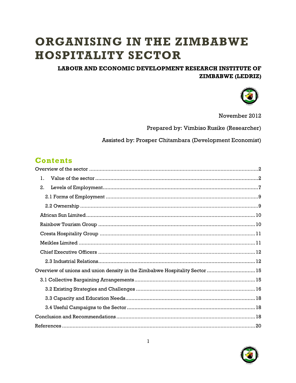 Organising in the Zimbabwe Hospitality Sector Labour and Economic Development Research Institute of Zimbabwe (Ledriz)