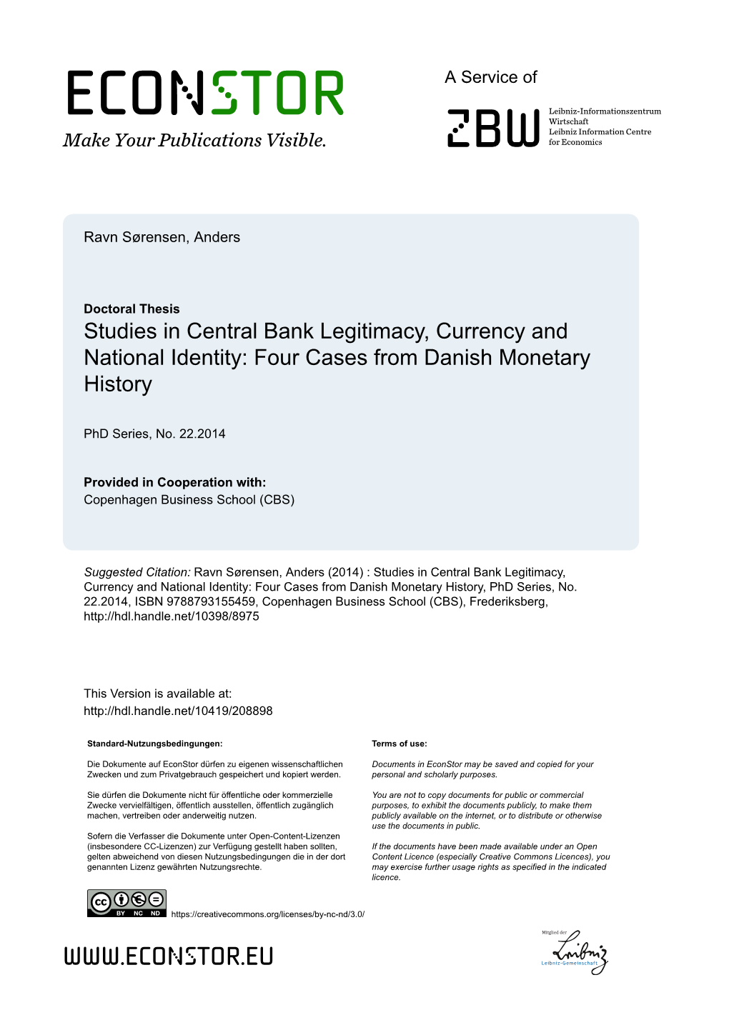 Studies in Central Bank Legitimacy, Currency and National Identity: Four Cases from Danish Monetary History