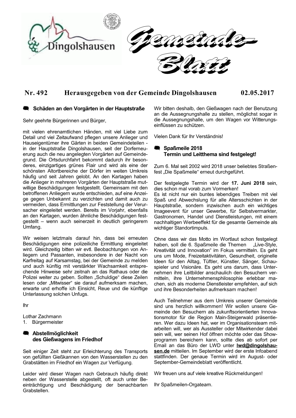 Nr. 492 Herausgegeben Von Der Gemeinde Dingolshausen 02.05.2017