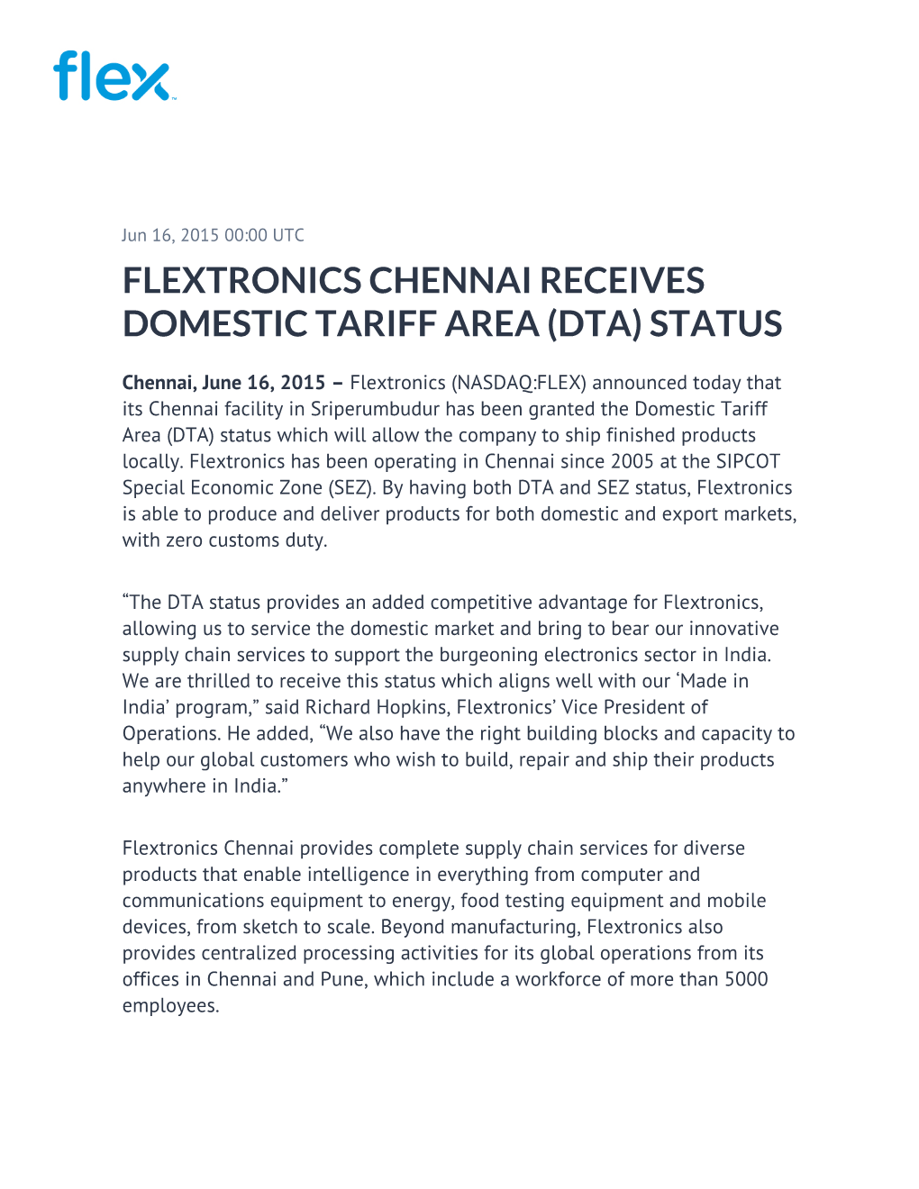 Flextronics Chennai Receives Domestic Tariff Area (Dta) Status