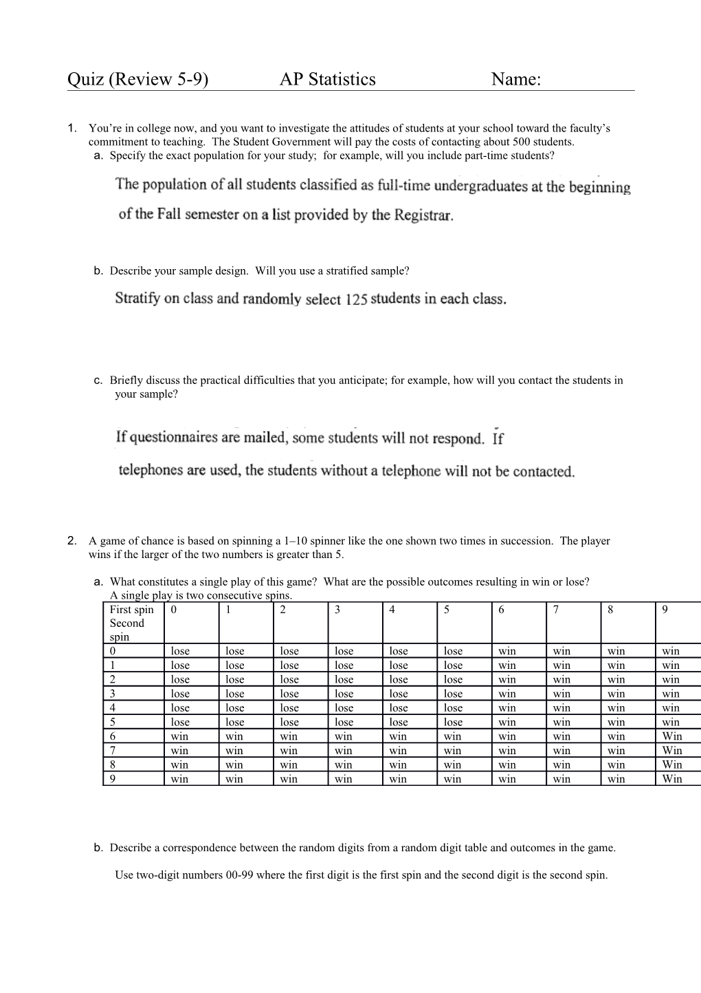 Quiz (Review 5-9) AP Statistics Name