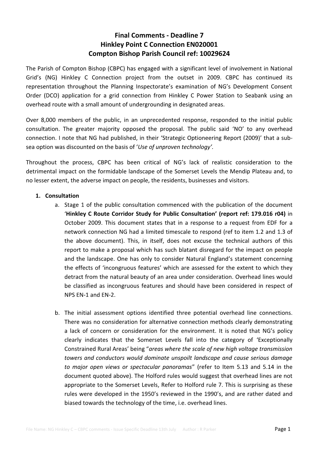 Final Comments - Deadline 7 Hinkley Point C Connection EN020001 Compton Bishop Parish Council Ref: 10029624