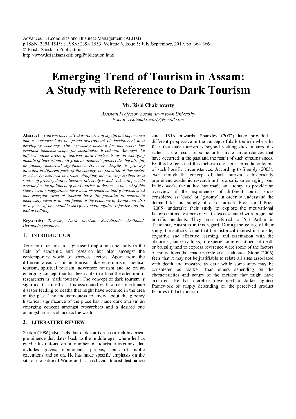 Emerging Trend of Tourism in Assam: a Study with Reference to Dark Tourism