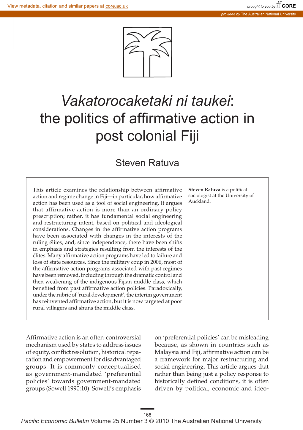 The Politics of Affirmative Action in Post Colonial Fiji