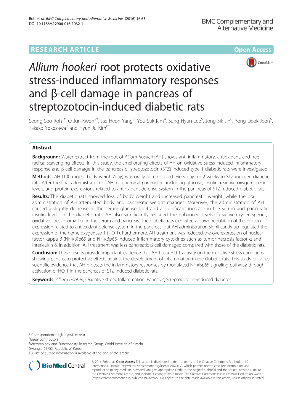 Allium Hookeri Root Protects Oxidative Stress-Induced Inflammatory Responses and Β-Cell Damage in Pancreas of Streptozotocin-In