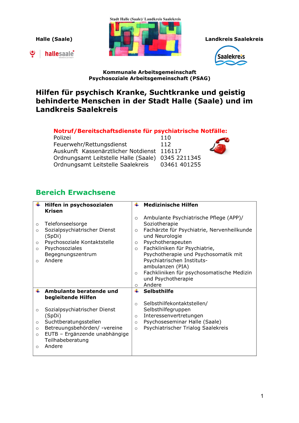 Hilfen Für Psychisch Kranke, Suchtkranke Und Geistig Behinderte Menschen in Der Stadt Halle (Saale) Und Im Landkreis Saalekreis