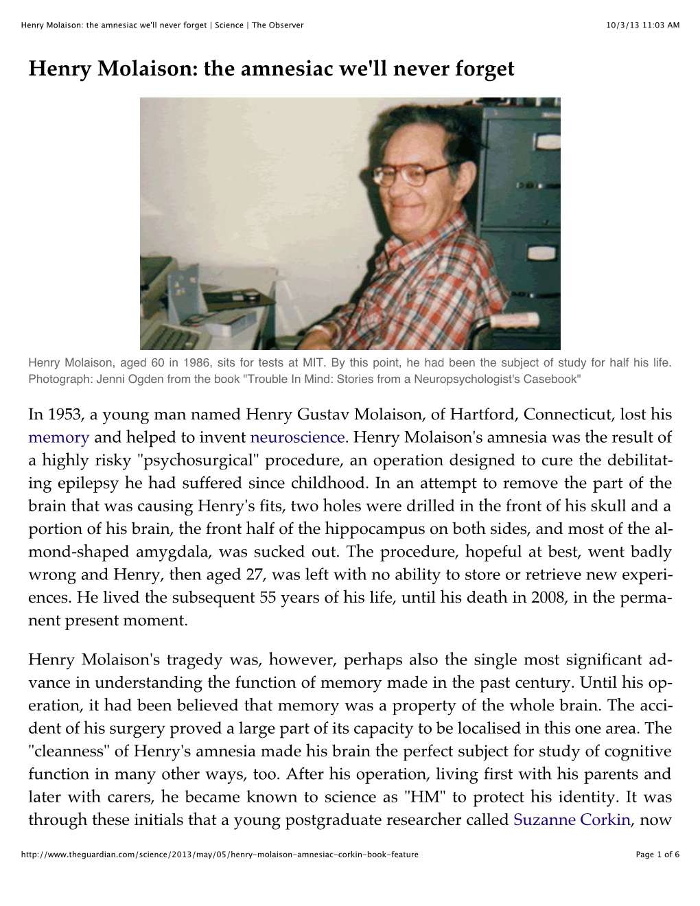Henry Molaison: the Amnesiac We'll Never Forget | Science | the Observer 10/3/13 11:03 AM