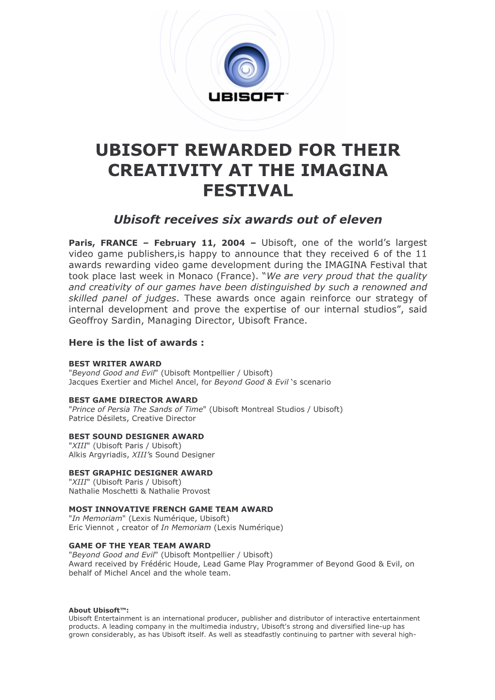 Ubisoft Rewarded for Their Creativity at the Imagina Festival