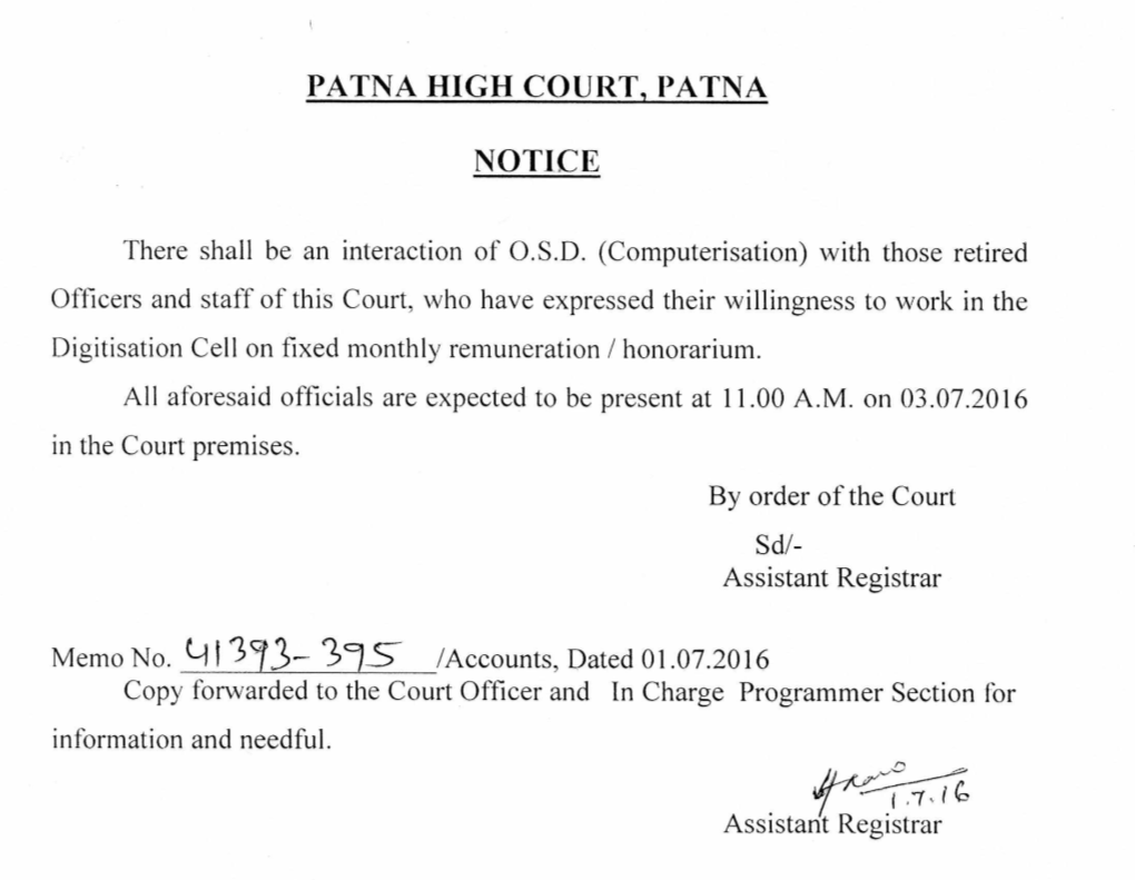 Patna High Court, Patna Notice