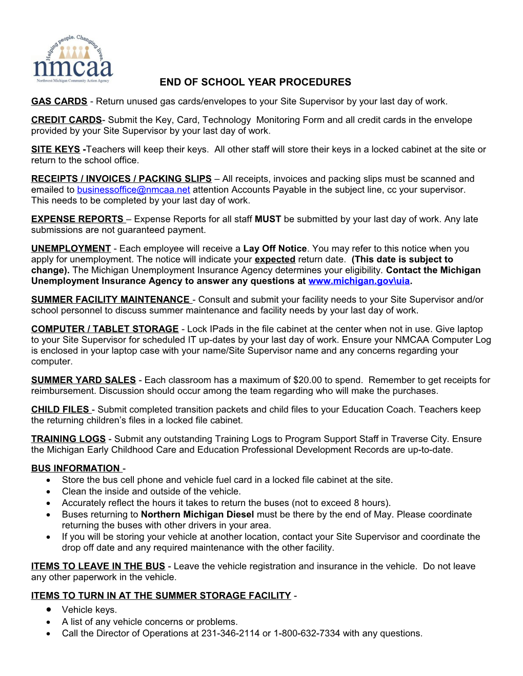 Center Closing Procedures