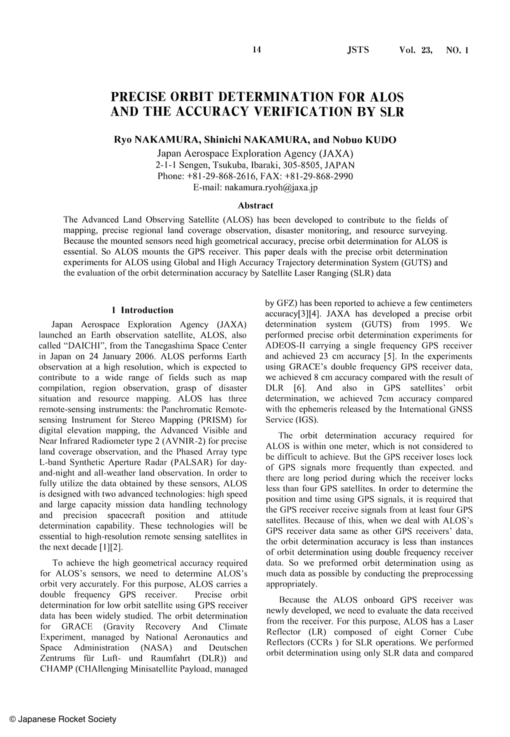 Precise Orbit Determination for Alos and the Accuracy Verification by Slr