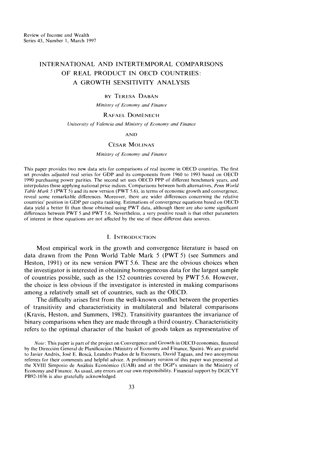 International and Intertemporal Comparisons of Real Product in Oecd Countries a Growth Sensitivity Analysis