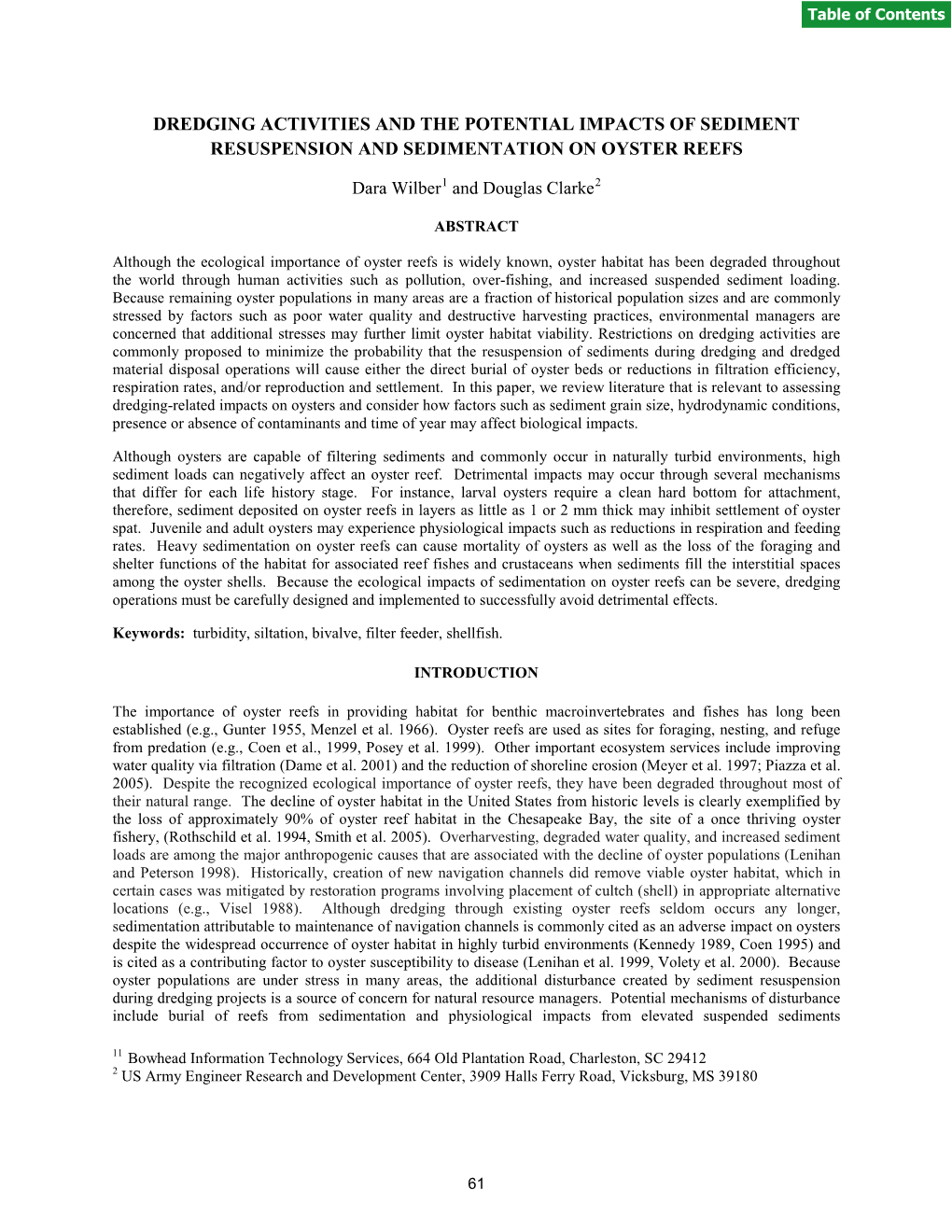 Dredging Activities and the Potential Impacts of Sediment Resuspension and Sedimentation on Oyster Reefs