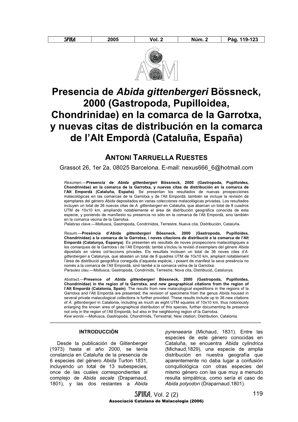 Presencia De Abida Gittenbergeri Bössneck, 2000