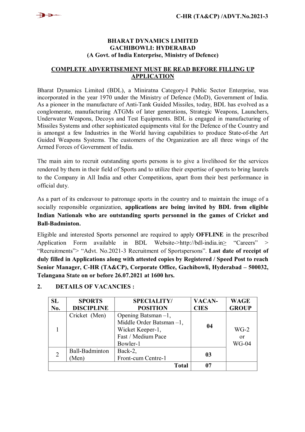 ADVT.No.2021-3 BHARAT DYNAMICS LIMITED GACHIBOWLI