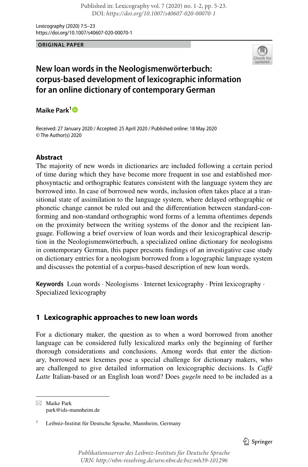 New Loan Words in the Neologismenwörterbuch: Corpus‑Based Development of Lexicographic Information for an Online Dictionary of Contemporary German
