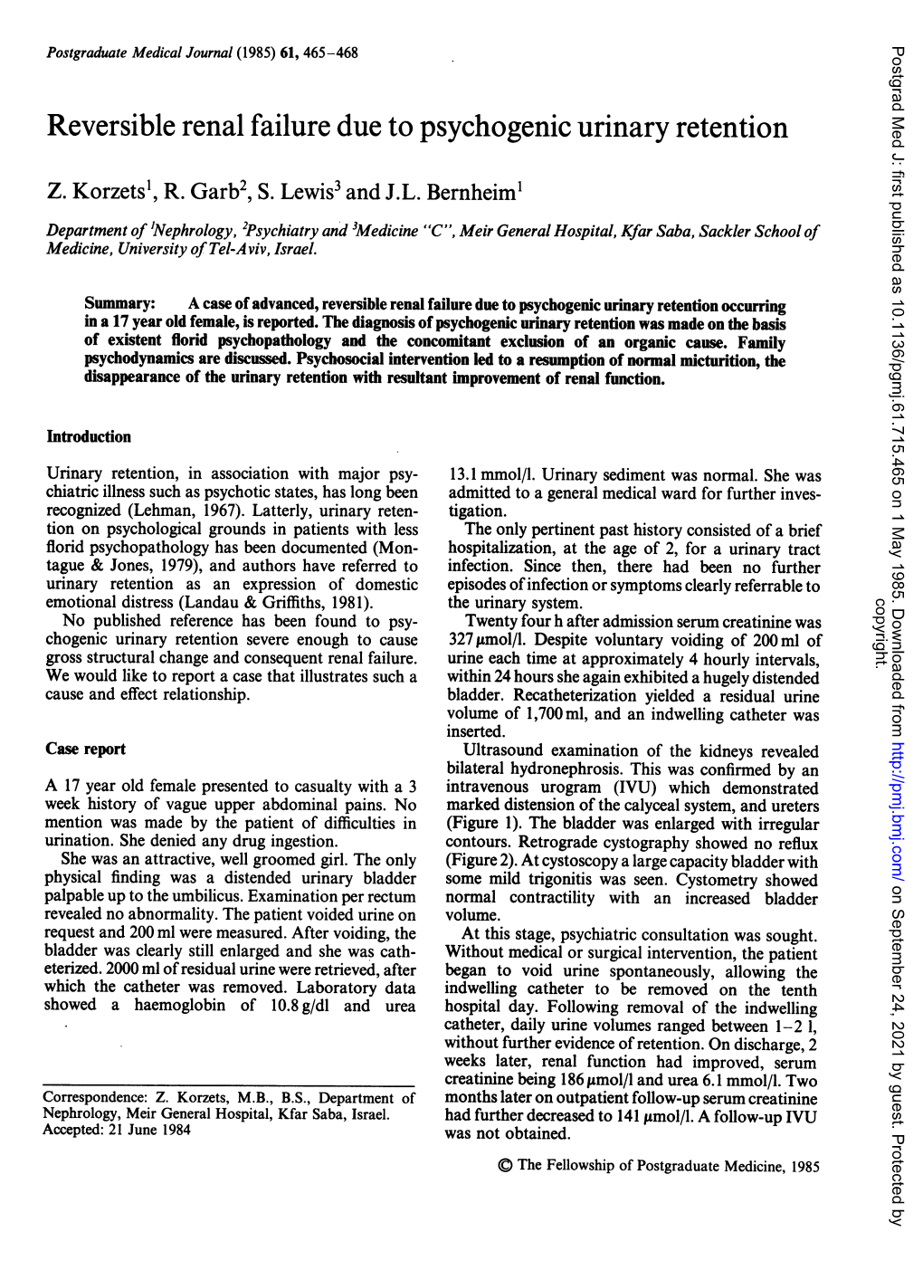 Reversible Renal Failure Due to Psychogenic Urinary Retention