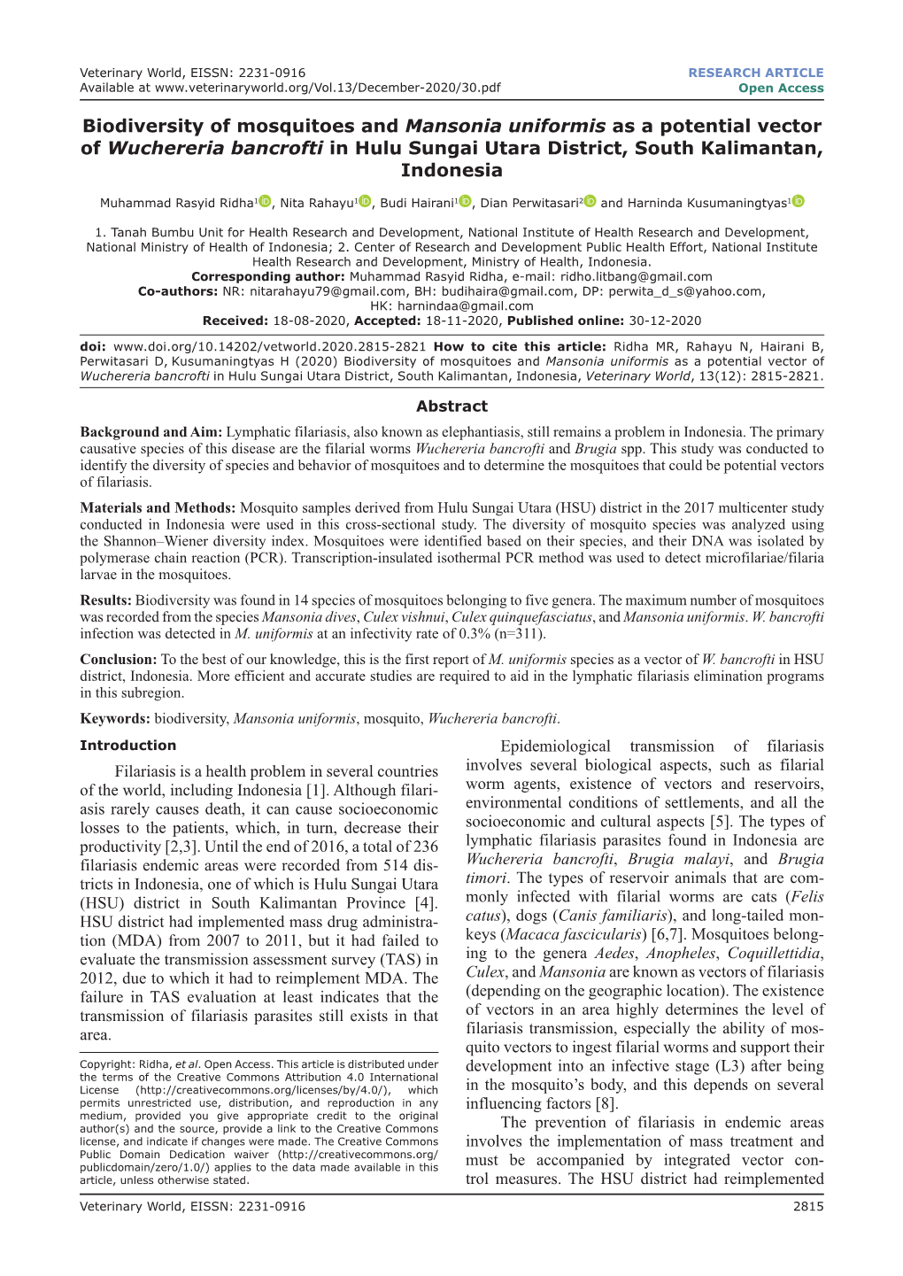 Biodiversity of Mosquitoes and Mansonia Uniformis As a Potential Vector of Wuchereria Bancrofti in Hulu Sungai Utara District, South Kalimantan, Indonesia