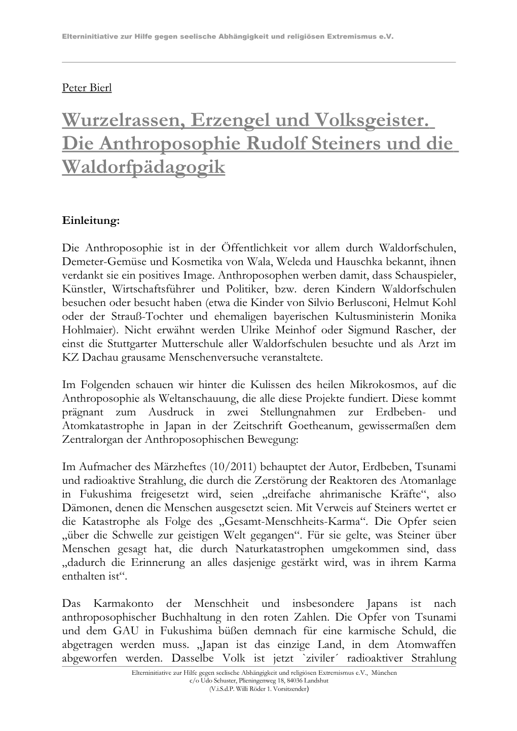 Wurzelrassen, Erzengel Und Volksgeister. Die Anthroposophie Rudolf Steiners Und Die Waldorfpädagogik