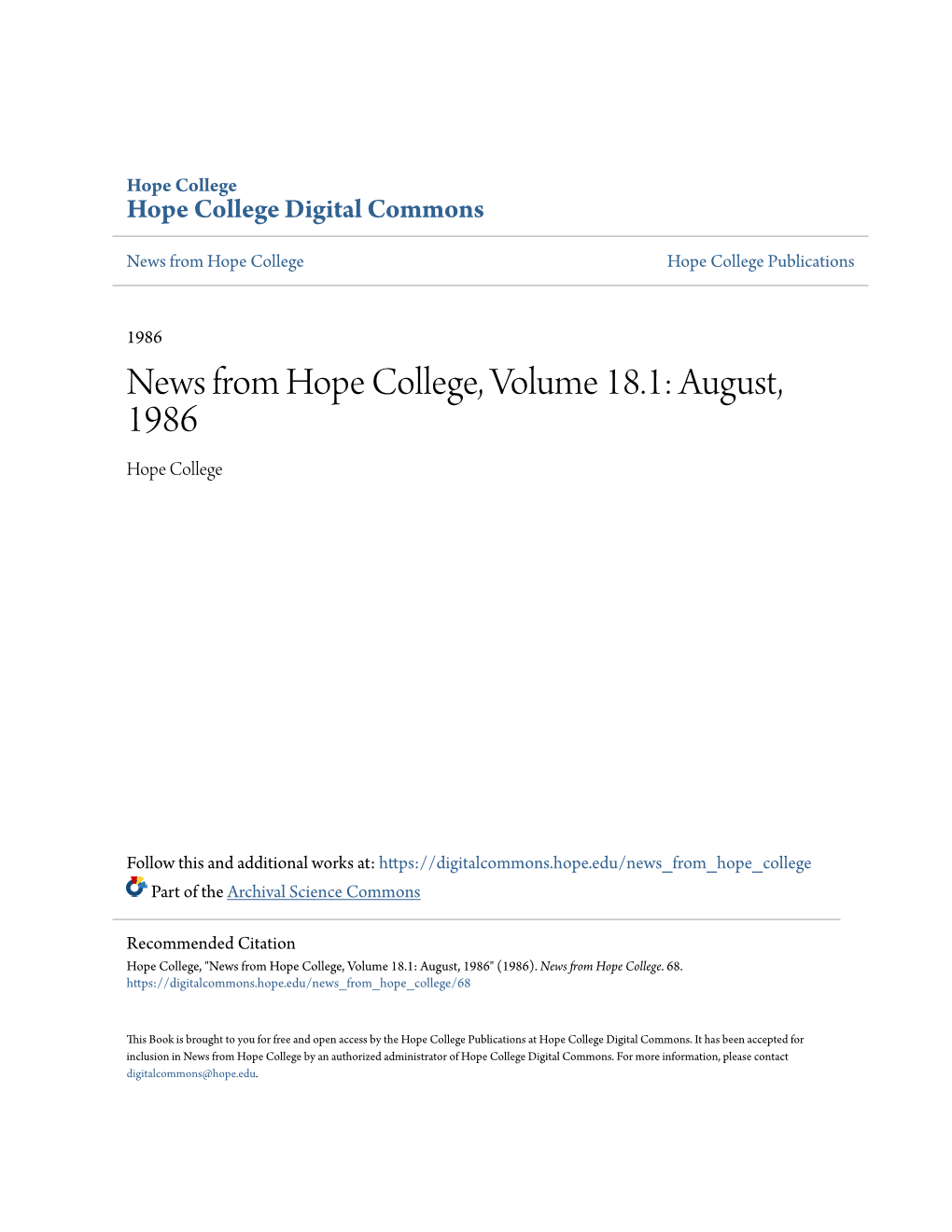 News from Hope College, Volume 18.1: August, 1986 Hope College