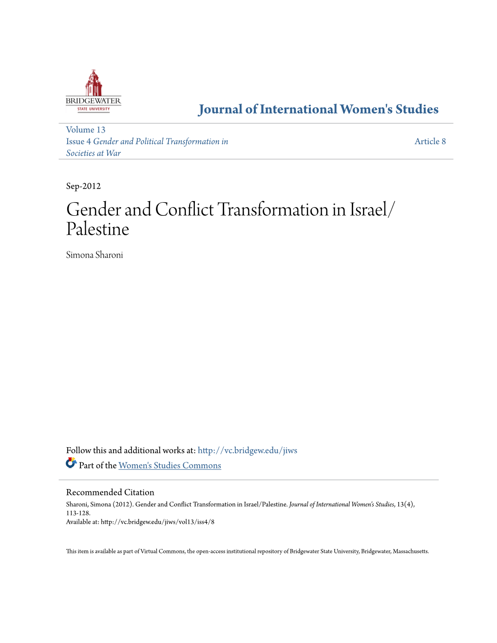Gender and Conflict Transformation in Israel/Palestine