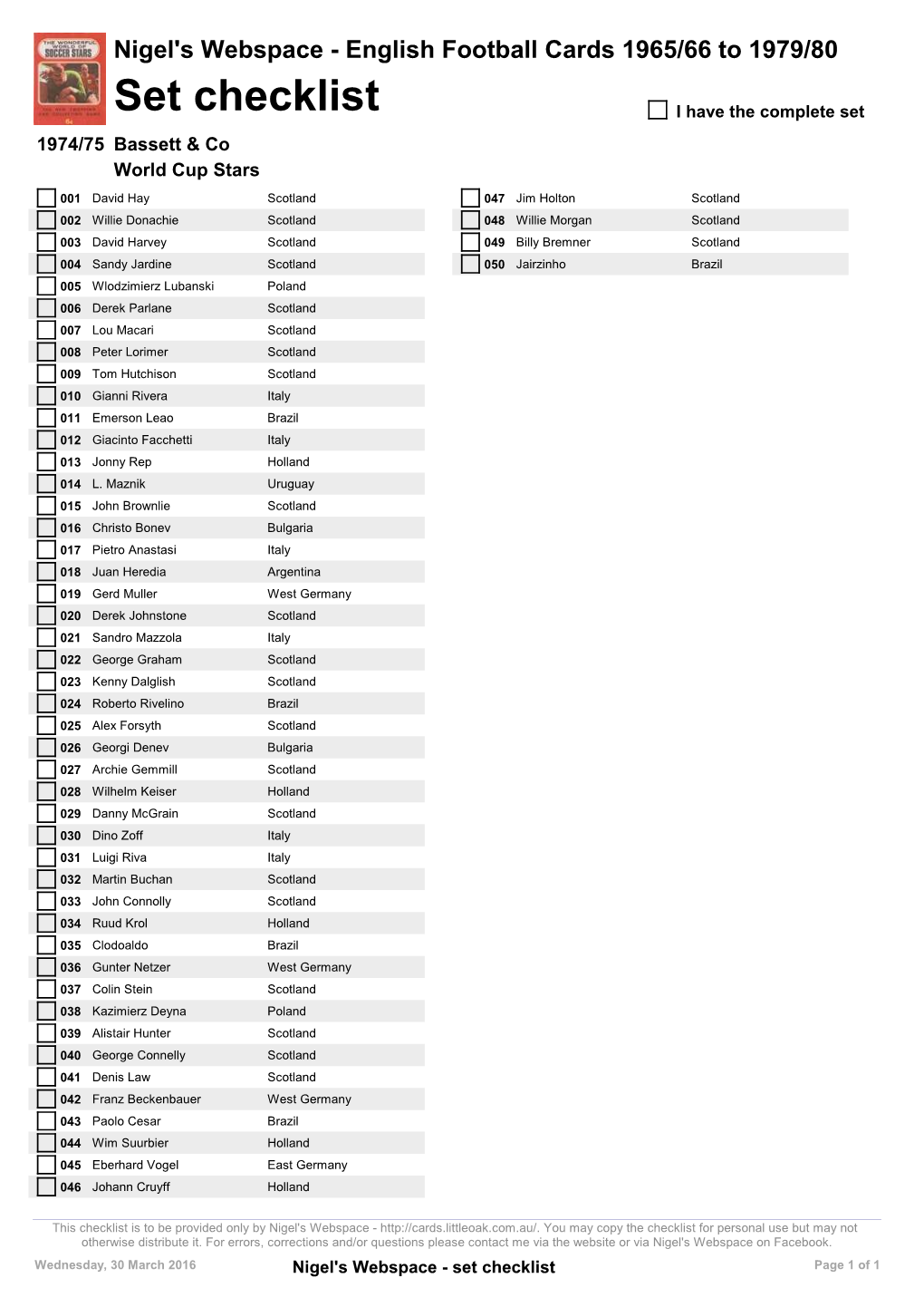 Set Checklist I Have the Complete Set 1974/75 Bassett & Co World Cup Stars