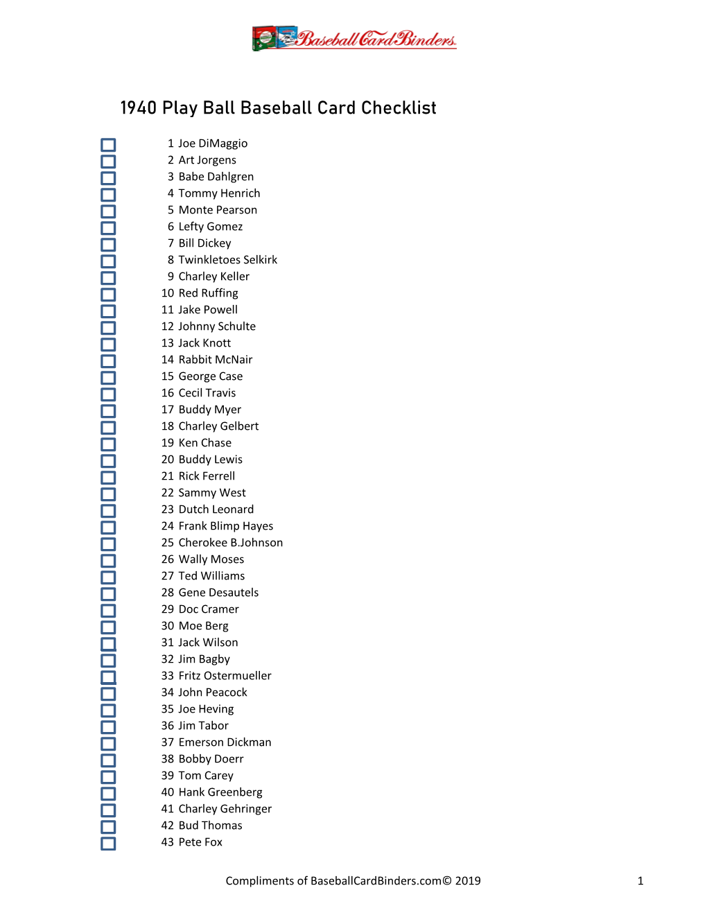 1940 Play Ball Baseball Card Checklist