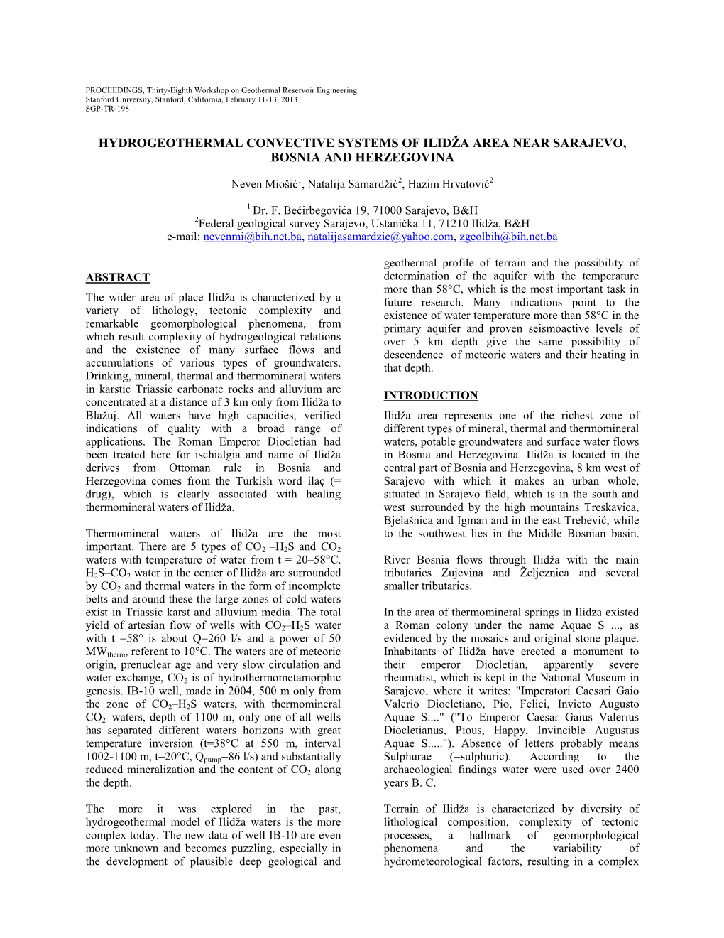 Hydrogeothermal Convective Systems of Ilidža Area Near Sarajevo, Bosnia and Herzegovina