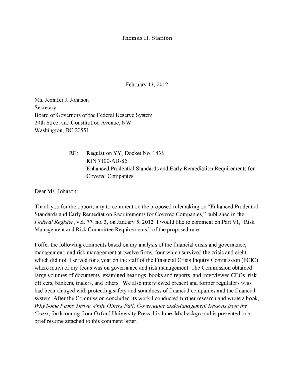 Thomas H. Stanton February 13, 2012 Ms. Jennifer J. Johnson Secretary