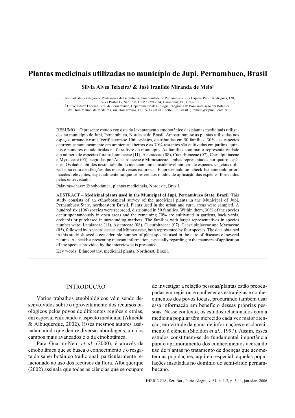 Plantas Medicinais Utilizadas No Município De Jupi, Pernambuco, Brasil