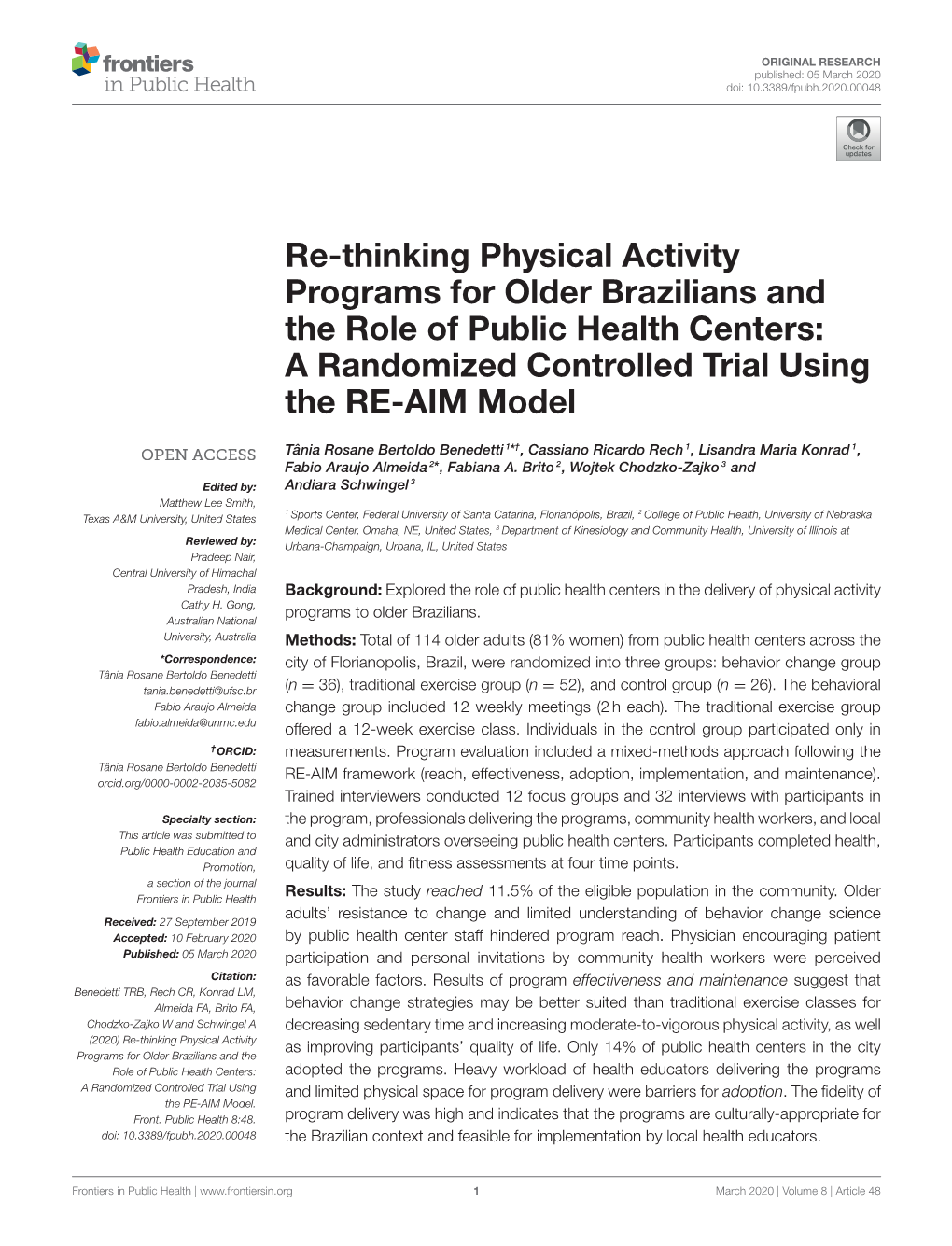 Re-Thinking Physical Activity Programs for Older Brazilians and the Role of Public Health Centers: a Randomized Controlled Trial Using the RE-AIM Model