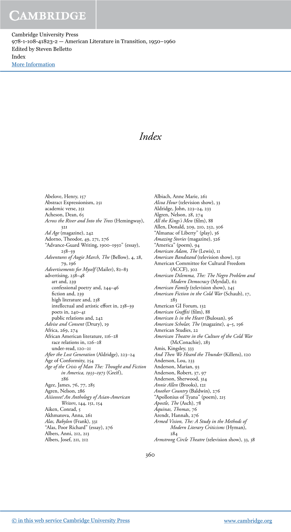 Cambridge University Press 978-1-108-41823-2 — American Literature in Transition, 1950–1960 Edited by Steven Belletto Index More Information