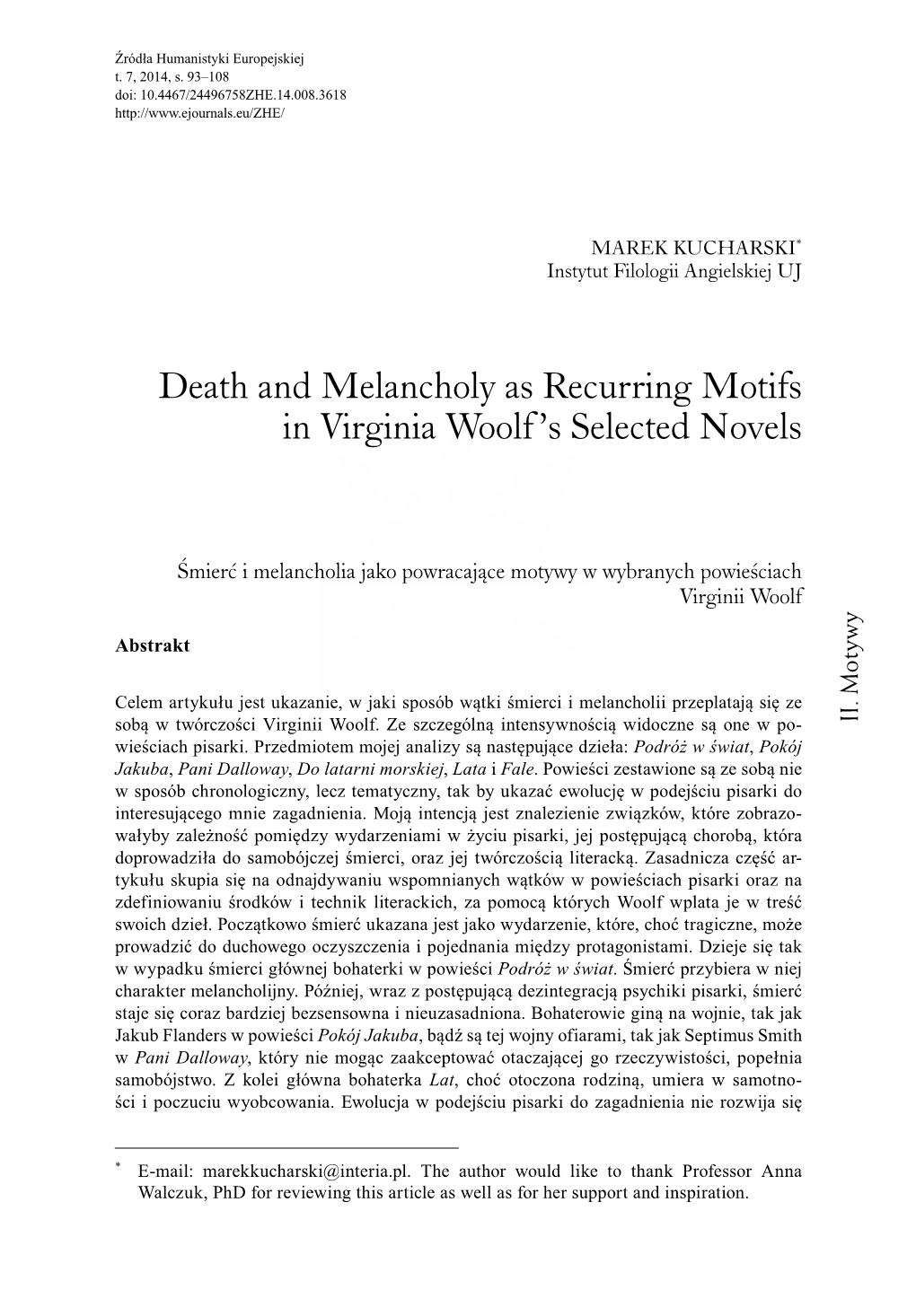 Death and Melancholy As Recurring Motifs in Virginia Woolf’S Selected Novels