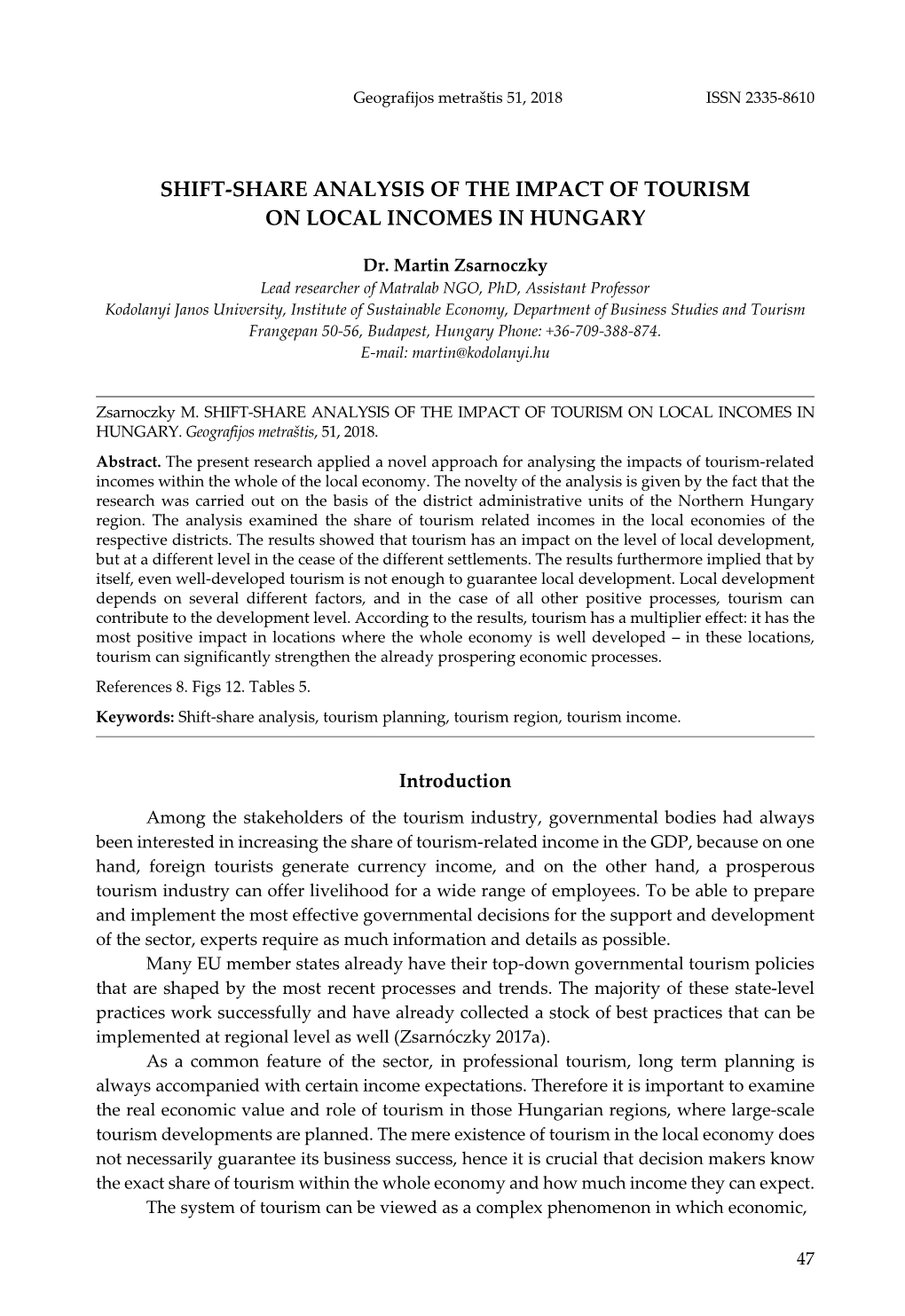 Shift-Share Analysis of the Impact of Tourism on Local Incomes in Hungary