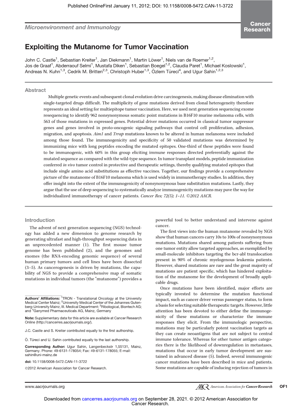 Exploiting the Mutanome for Tumor Vaccination