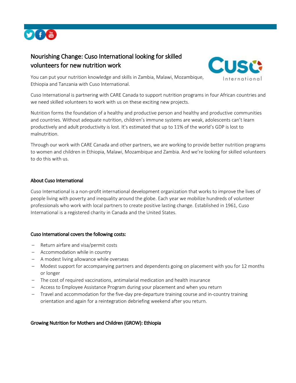 Nourishing Change: Cuso International Looking for Skilled Volunteers for New Nutrition Work