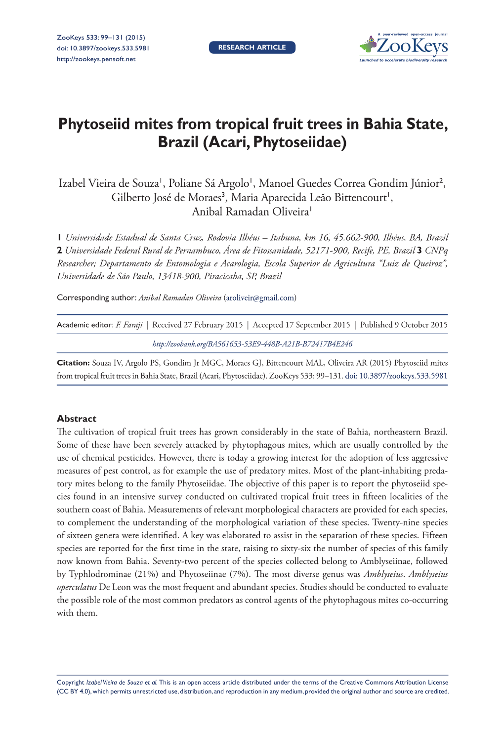 Phytoseiid Mites from Tropical Fruit Trees in Bahia State, Brazil (Acari, Phytoseiidae)