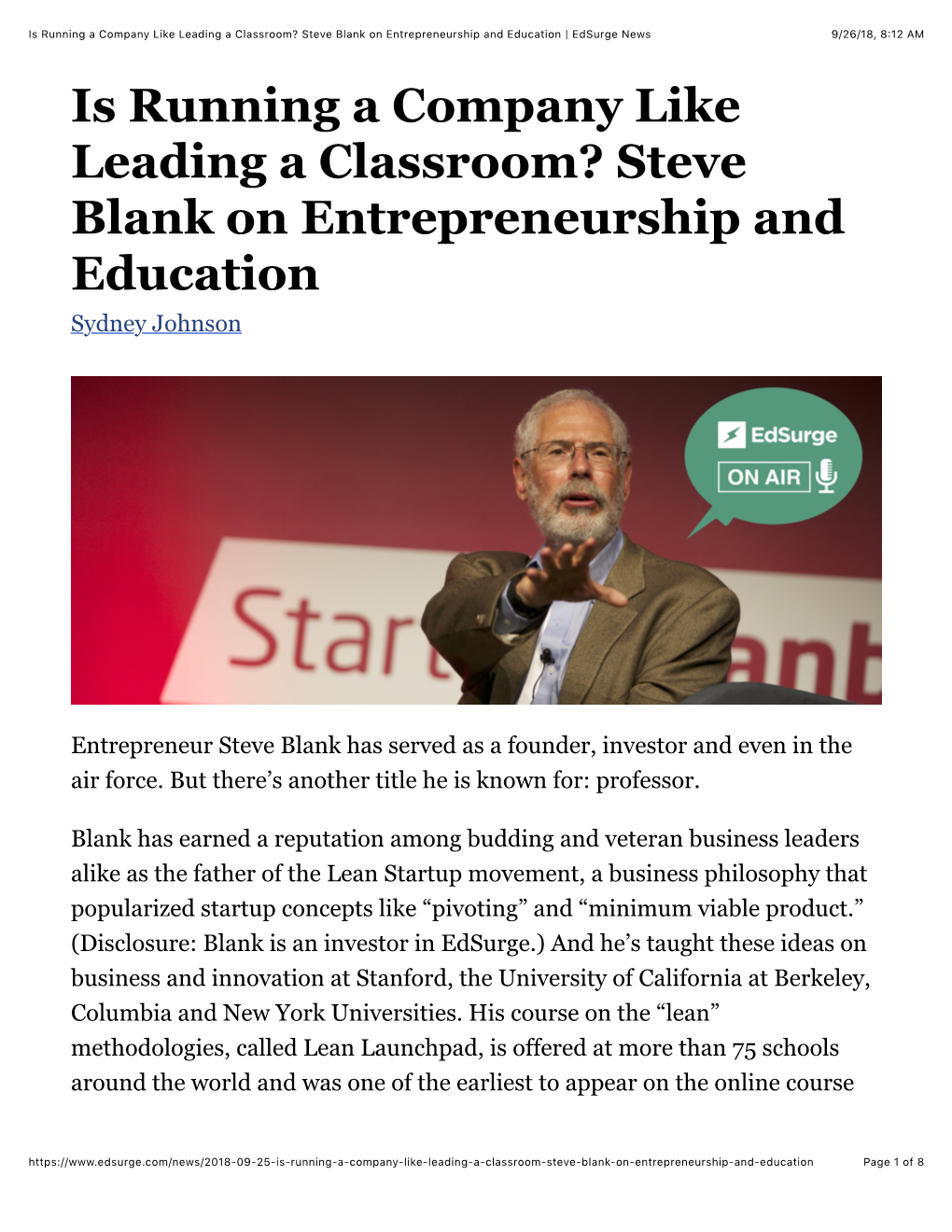 Steve Blank on Entrepreneurship and Education