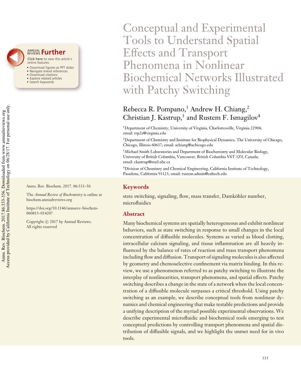 Conceptual and Experimental Tools to Understand Spatial Effects and Transport Phenomena in Nonlinear Biochemical Networks Illustrated with Patchy Switching Rebecca R