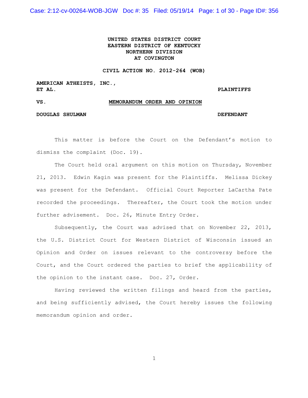 2:12-Cv-00264-WOB-JGW Doc #: 35 Filed: 05/19/14 Page: 1 of 30 - Page ID#: 356