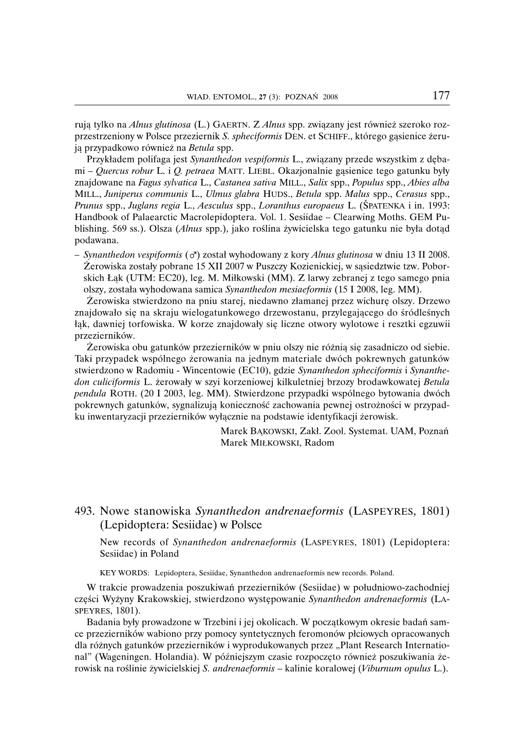 177 493. Nowe Stanowiska Synanthedon Andrenaeformis