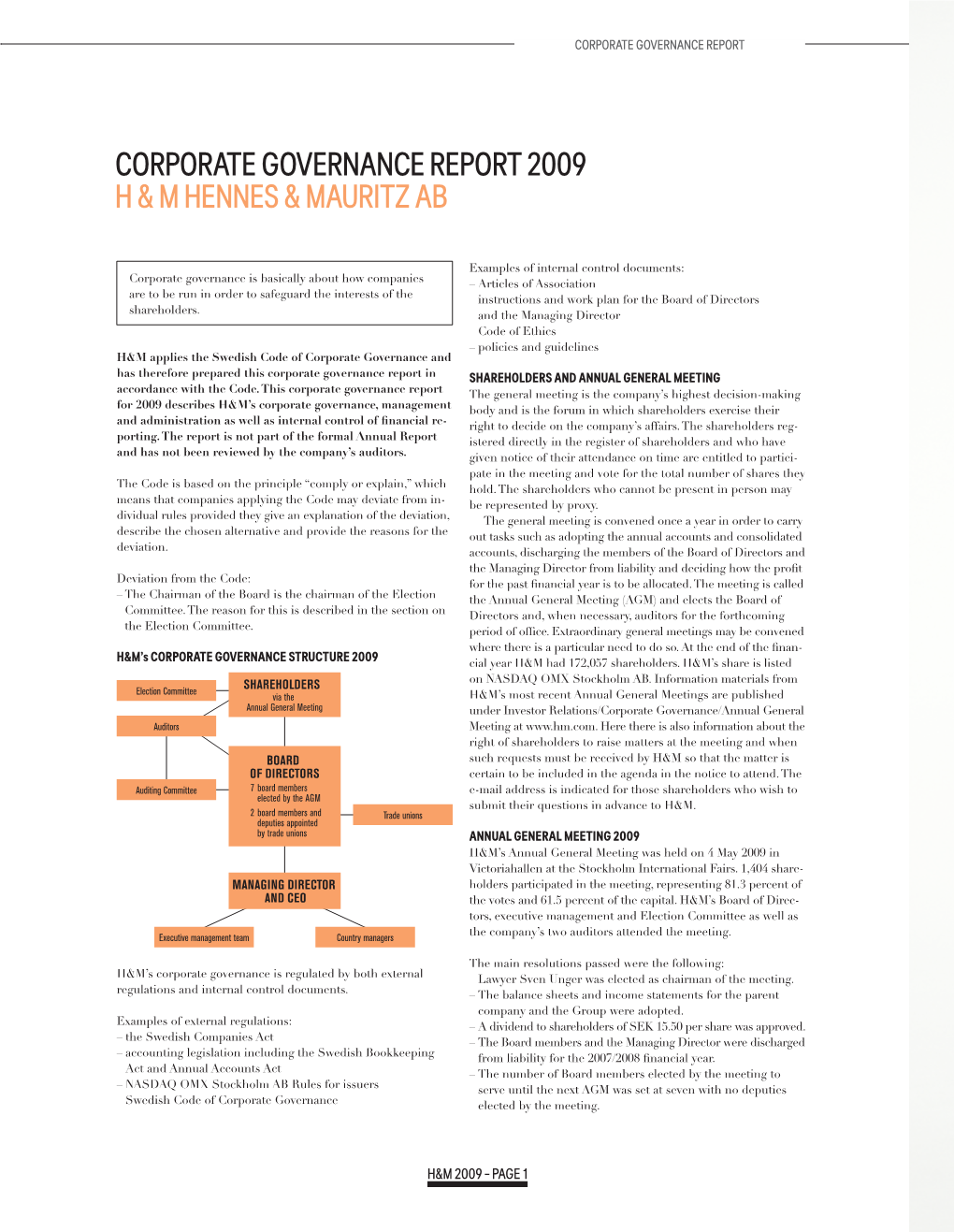 Corporate Governance Report 2009 H & M Hennes & Mauritz Ab