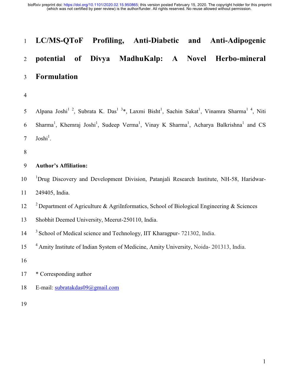 LC/MS-Qtof Profiling, Anti-Diabetic and Anti-Adipogenic Potential of Divya Madhukalp