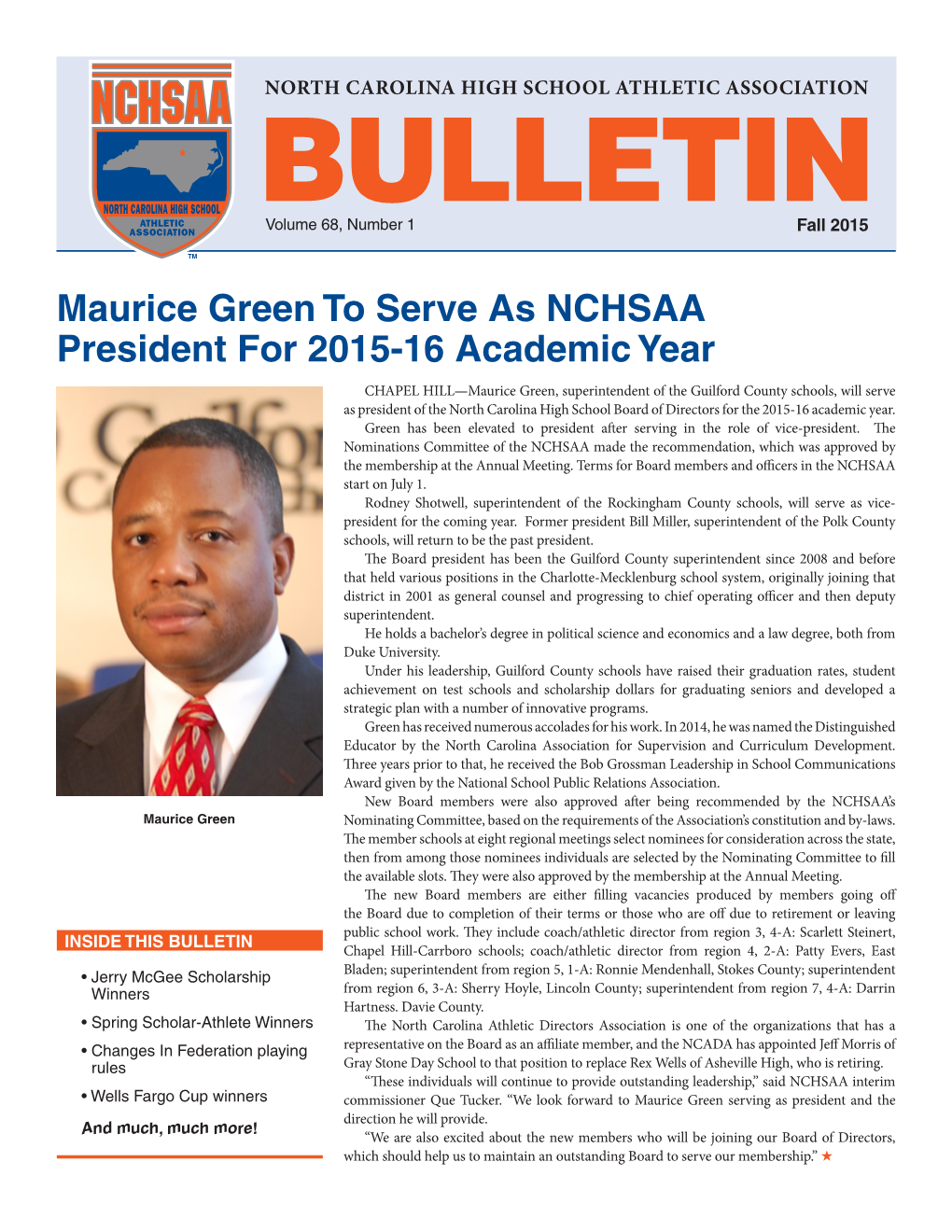 Maurice Green to Serve As NCHSAA President for 2015-16 Academic Year