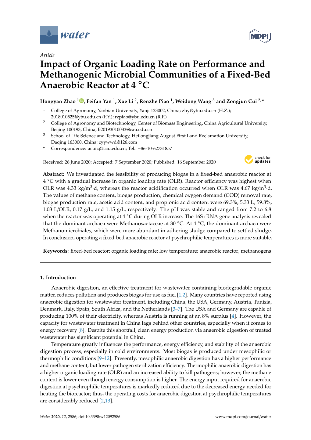 Impact of Organic Loading Rate on Performance and Methanogenic Microbial Communities of a Fixed-Bed ◦ Anaerobic Reactor at 4 C
