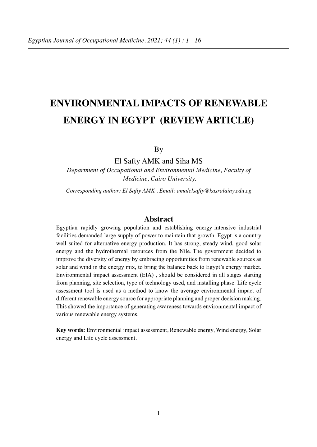 Environmental Impacts of Renewable Energy in Egypt (Review Article)