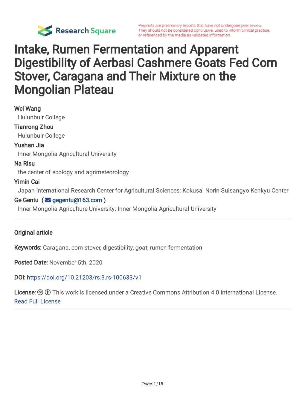 Intake, Rumen Fermentation and Apparent Digestibility of Aerbasi Cashmere Goats Fed Corn Stover, Caragana and Their Mixture on the Mongolian Plateau